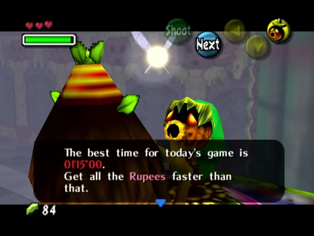Deku Scrub host announcing today's best time and challenging Link to collect the Rupees faster Deku Scrub host announcing today's best time and challenging Link to collect the Rupees faster