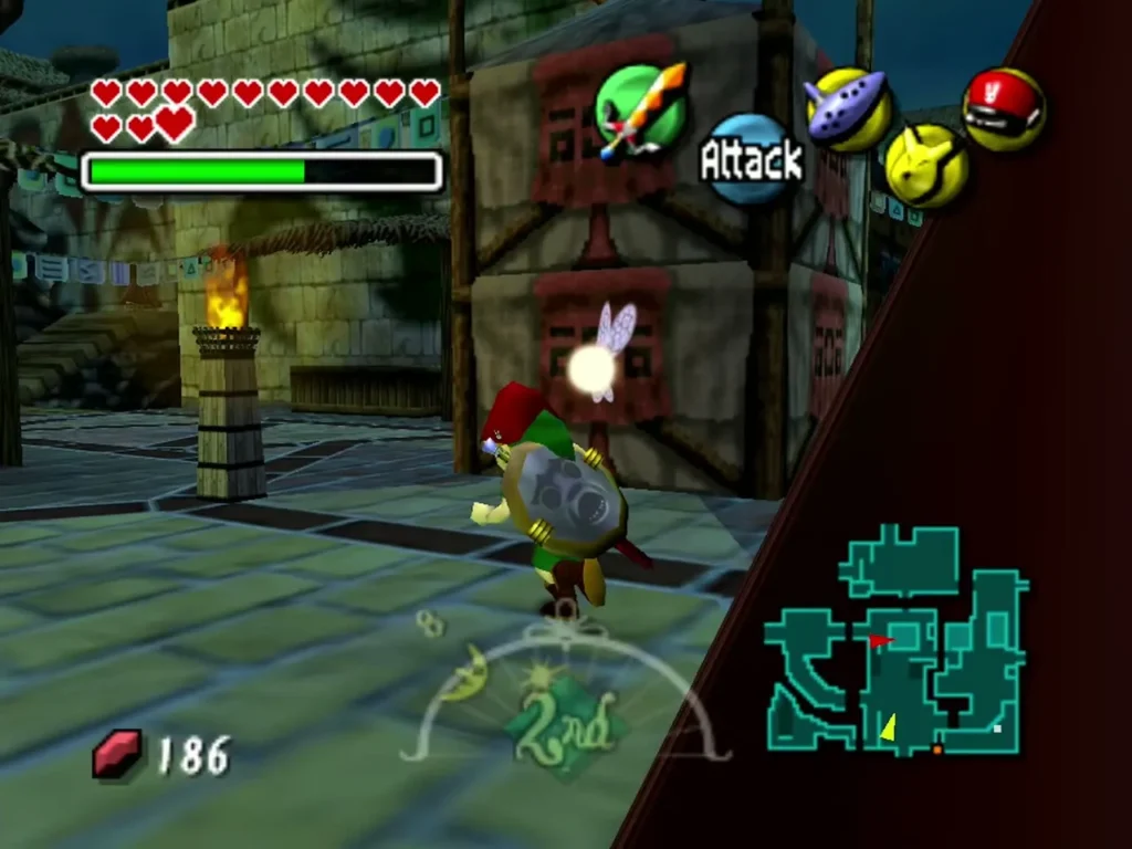 Link in the red Postman's Hat searches the streets of Clock Town Link in the red Postman's Hat searches the streets of Clock Town