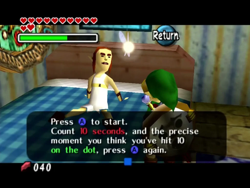 The Postman in bed explains that Link presses A to start the stopwatch and again when he thinks 10 seconds are up The Postman in bed explains that Link presses A to start the stopwatch and again when he thinks 10 seconds are up