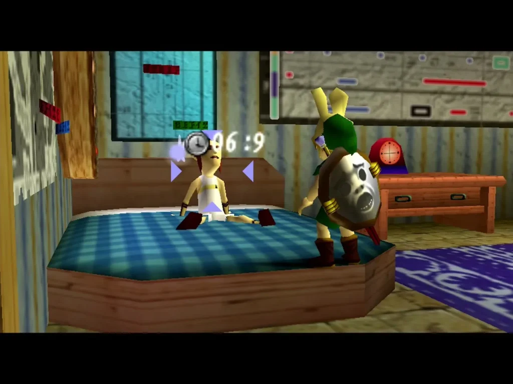 Link in the Bunny Hood beside the Postman in bed while the stopwatch display counts on screen Link in the Bunny Hood beside the Postman in bed while the stopwatch display counts on screen
