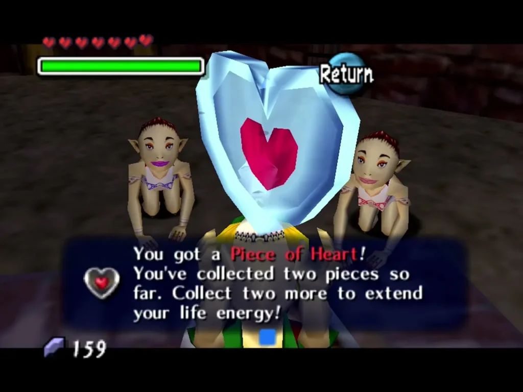 Piece of Heart held up over Link with the sisters beside him Piece of Heart held up over Link with the sisters beside him