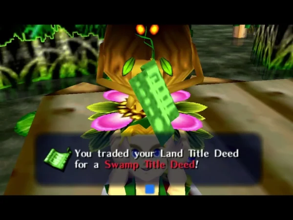 A Business Scrub's Deku flower, with the box saying Link traded his Land Title Deed for a Swamp Title Deed A Business Scrub's Deku flower, with the box saying Link traded his Land Title Deed for a Swamp Title Deed