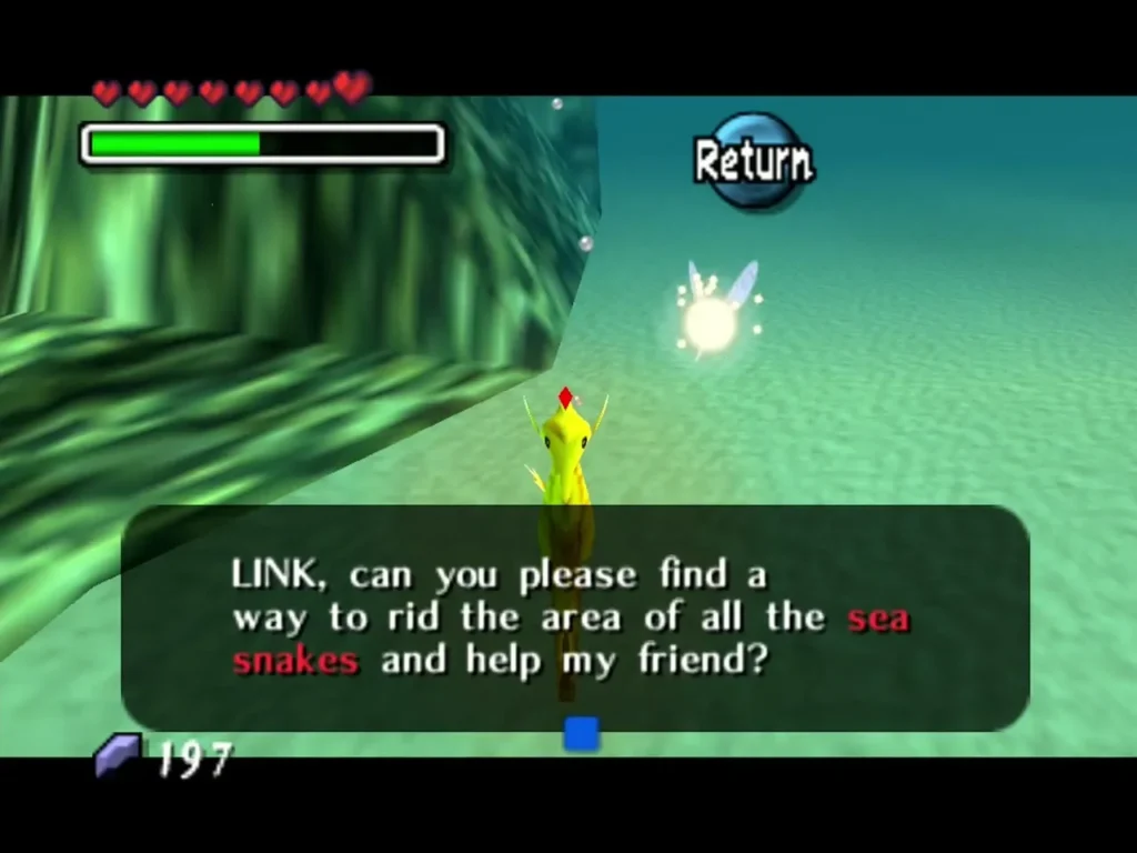 The seahorse asks Link to rid the area of all the sea snakes and help his friend The seahorse asks Link to rid the area of all the sea snakes and help his friend