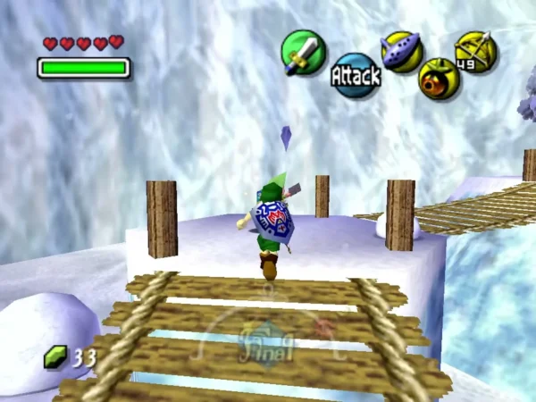 Link running toward a rope bridge on the snowy mountain path Link running toward a rope bridge on the snowy mountain path