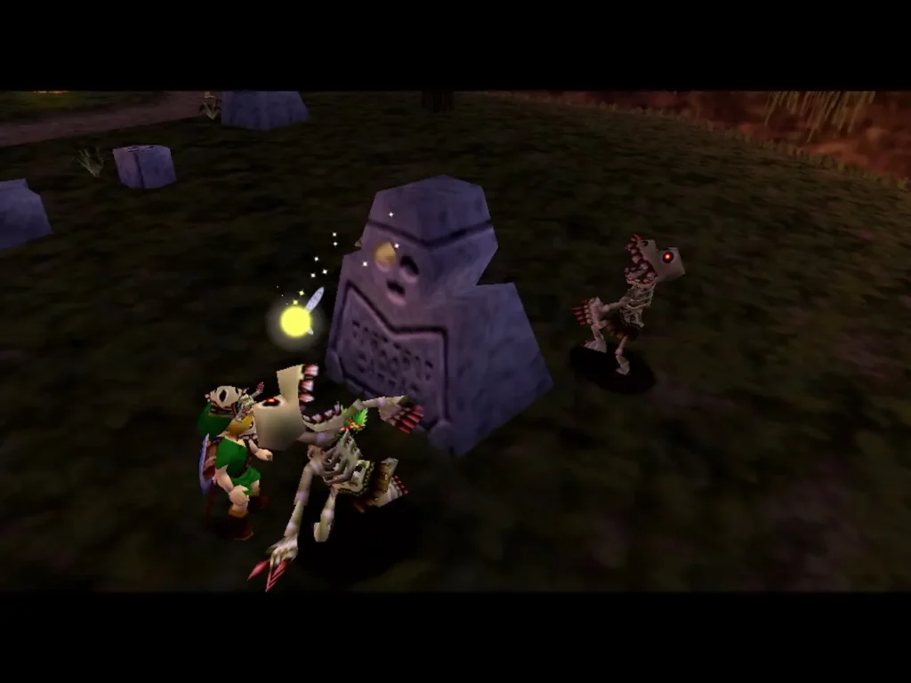 Stalchildren dig at a gravestone in the Ikana graveyard while Link in the Captain's Hat looks on Stalchildren dig at a gravestone in the Ikana graveyard while Link in the Captain's Hat looks on