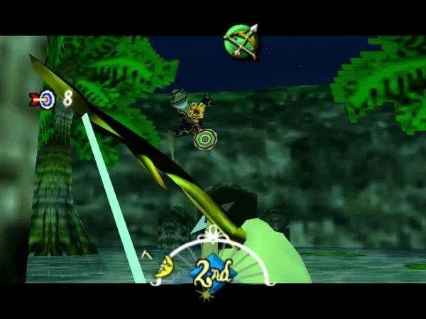 Link aiming the Hero's Bow at Koume flying on her broom with a target during the swamp boat archery Link aiming the Hero's Bow at Koume flying on her broom with a target during the swamp boat archery