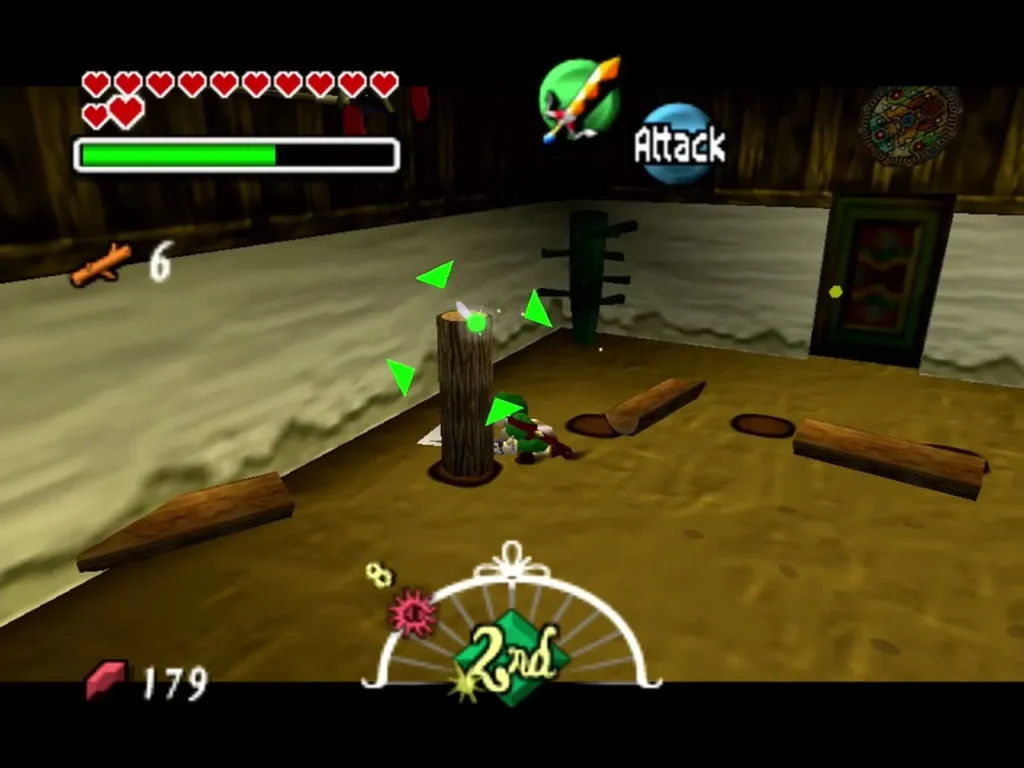 Link locks on to a log stump in the Swordsman's School with the Z target arrows around it Link locks on to a log stump in the Swordsman's School with the Z target arrows around it