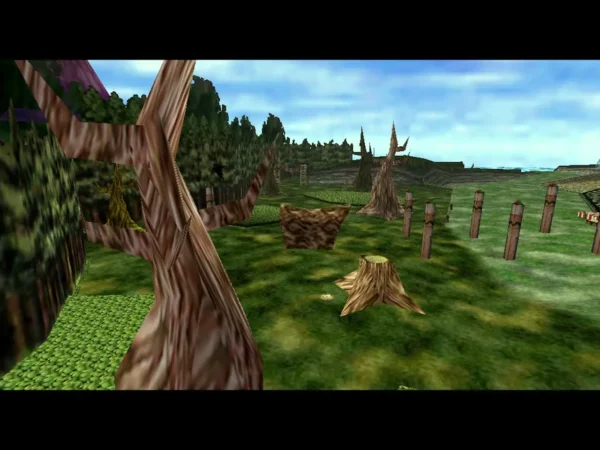 Termina Field's open grassland with tree stumps and wooden posts under a blue sky Termina Field's open grassland with tree stumps and wooden posts under a blue sky