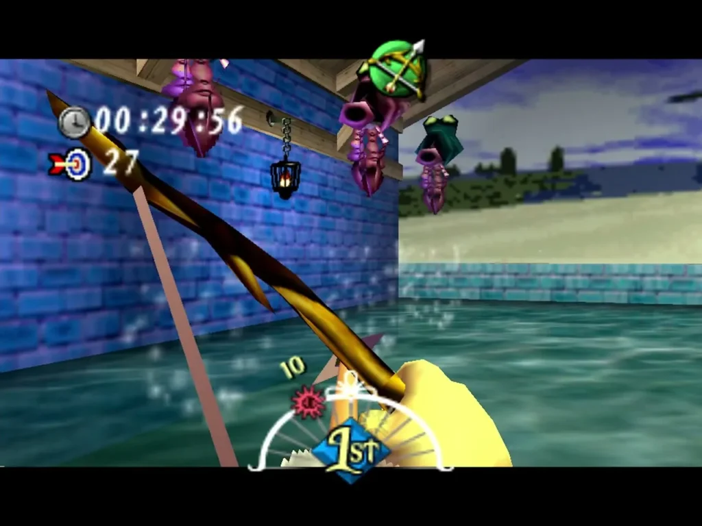 Red and darker Octoroks pop up around the Town Shooting Gallery while the timer and score count on screen Red and darker Octoroks pop up around the Town Shooting Gallery while the timer and score count on screen