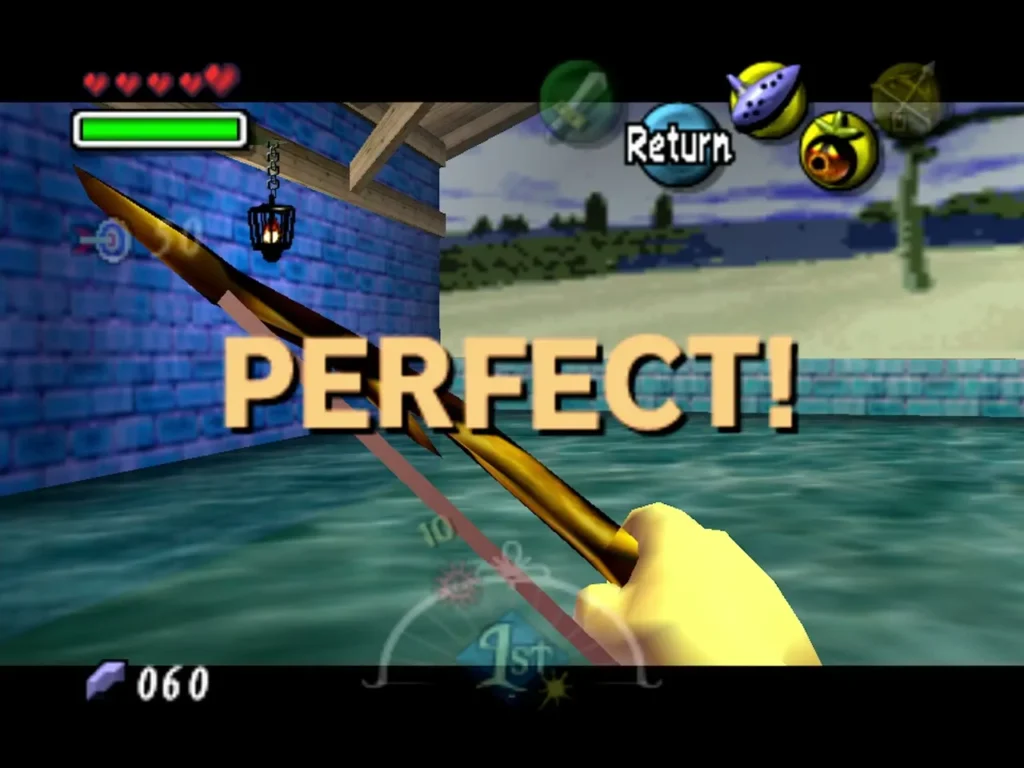 Link's bow aimed at the Town Shooting Gallery with PERFECT! on screen Link's bow aimed at the Town Shooting Gallery with PERFECT! on screen