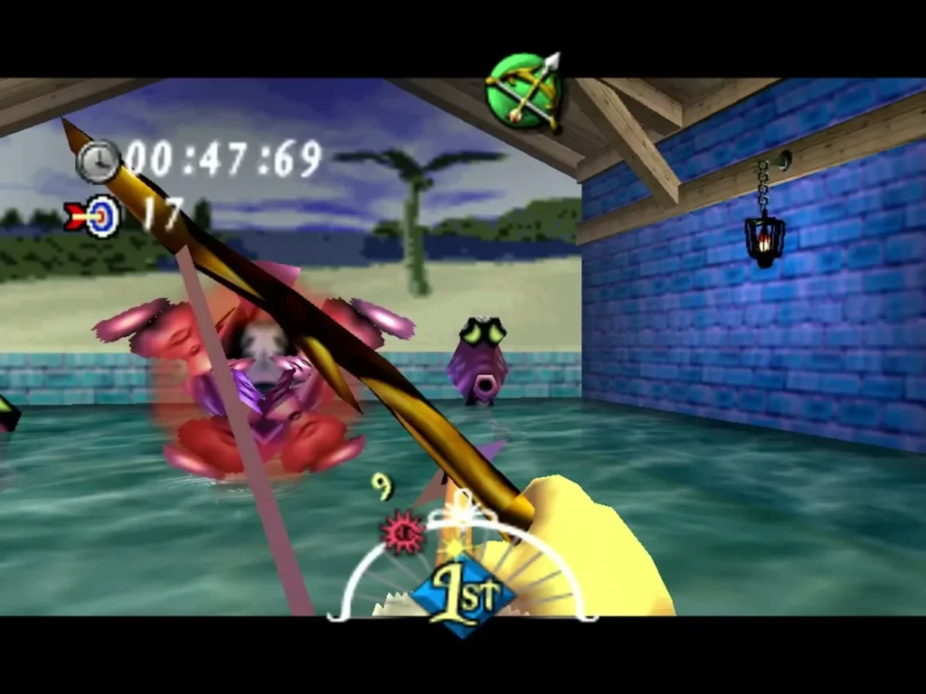 Link aims the Hero's Bow at pop-up Octoroks in the Town Shooting Gallery, a red Octorok target bursting open Link aims the Hero's Bow at pop-up Octoroks in the Town Shooting Gallery, a red Octorok target bursting open