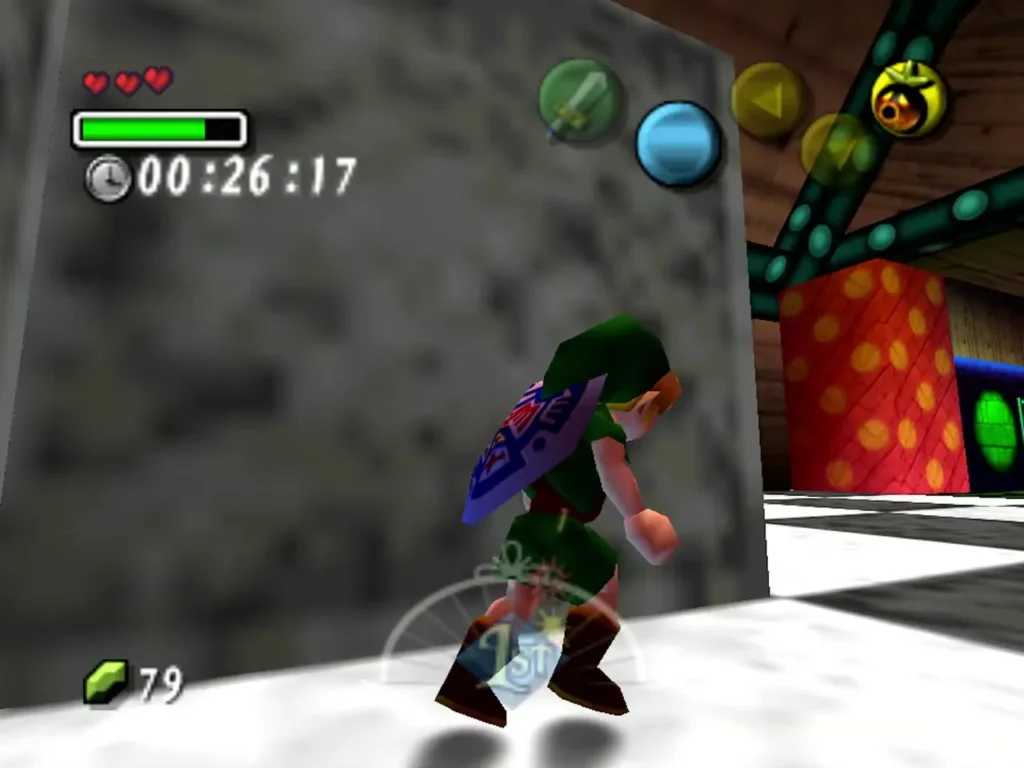 Link beside a gray stone block in the Treasure Chest Shop's chest room with the time limit counting down Link beside a gray stone block in the Treasure Chest Shop's chest room with the time limit counting down