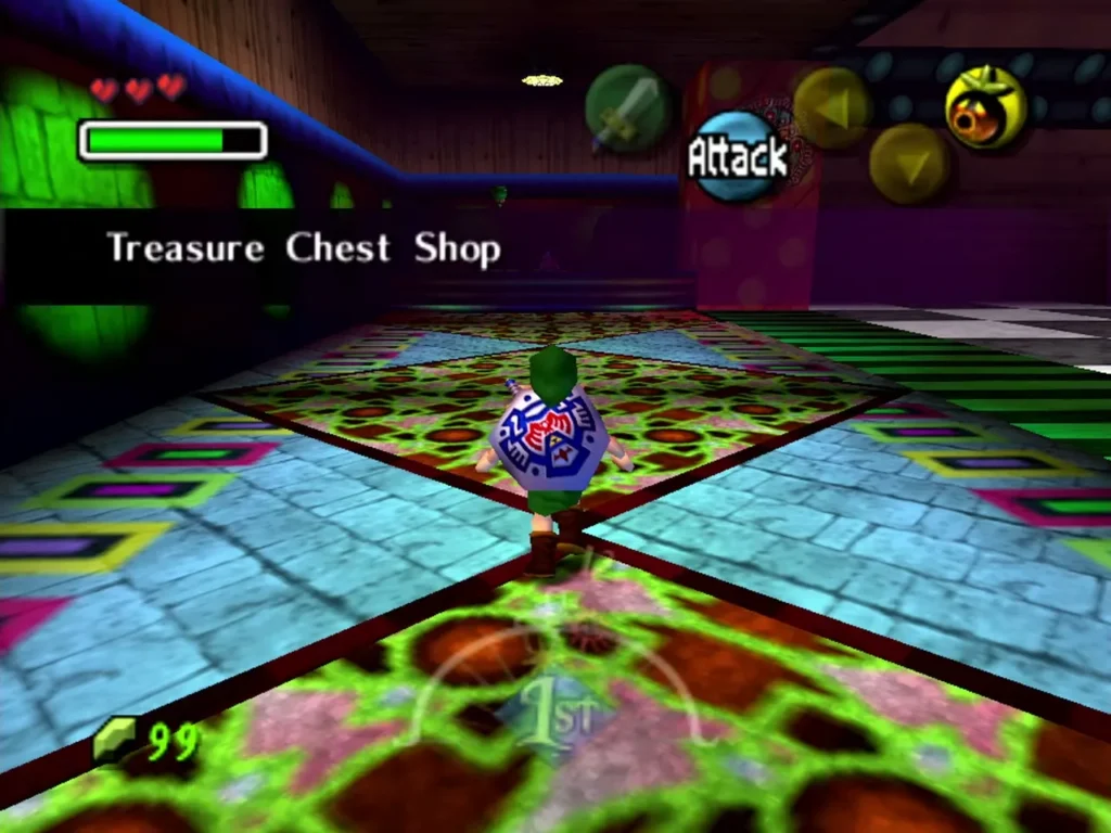 Link walks into the Treasure Chest Shop, its name shown at the top left Link walks into the Treasure Chest Shop, its name shown at the top left