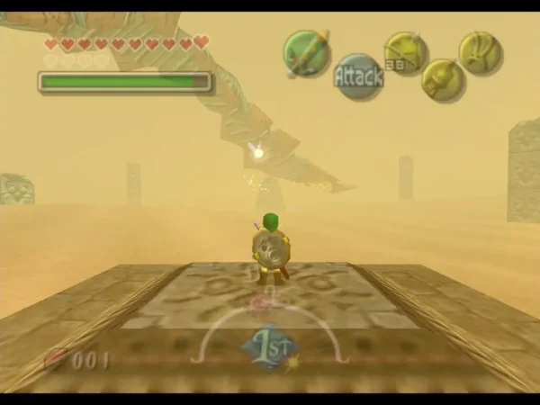 Link stands on a stone platform in the sandstorm arena as Twinmold's body coils overhead Link stands on a stone platform in the sandstorm arena as Twinmold's body coils overhead