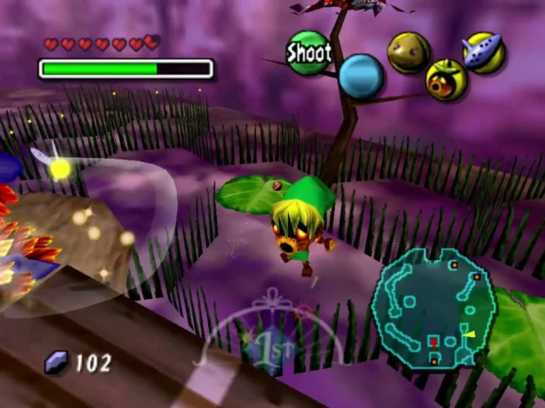 Deku Link hops over the purple poison water in Woodfall beside a Deku Flower Deku Link hops over the purple poison water in Woodfall beside a Deku Flower