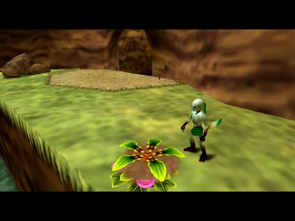 Zora Link on the Ikana cliff ledge beside the Business Scrub's Deku flower Zora Link on the Ikana cliff ledge beside the Business Scrub's Deku flower