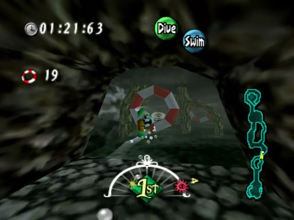 Zora Link swimming through red and white rings in the waterfall rapids cave with the timer running Zora Link swimming through red and white rings in the waterfall rapids cave with the timer running