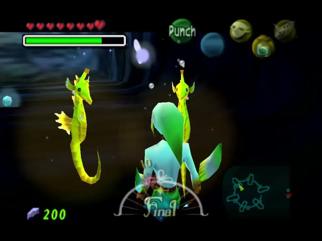 Zora Link swimming beside two seahorses in the underwater tunnels Zora Link swimming beside two seahorses in the underwater tunnels