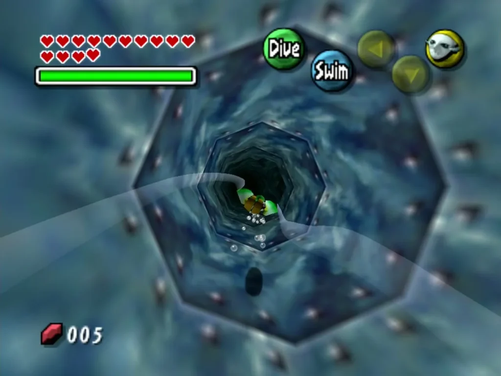 Zora Link swims down a spiral octagonal water pipe in the Zora Trial on the Moon Zora Link swims down a spiral octagonal water pipe in the Zora Trial on the Moon