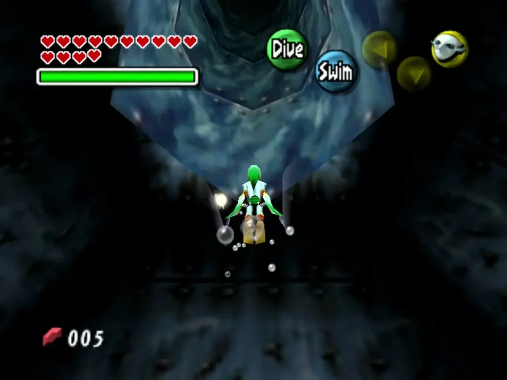Zora Link swims through dark water in the Zora Trial on the Moon Zora Link swims through dark water in the Zora Trial on the Moon
