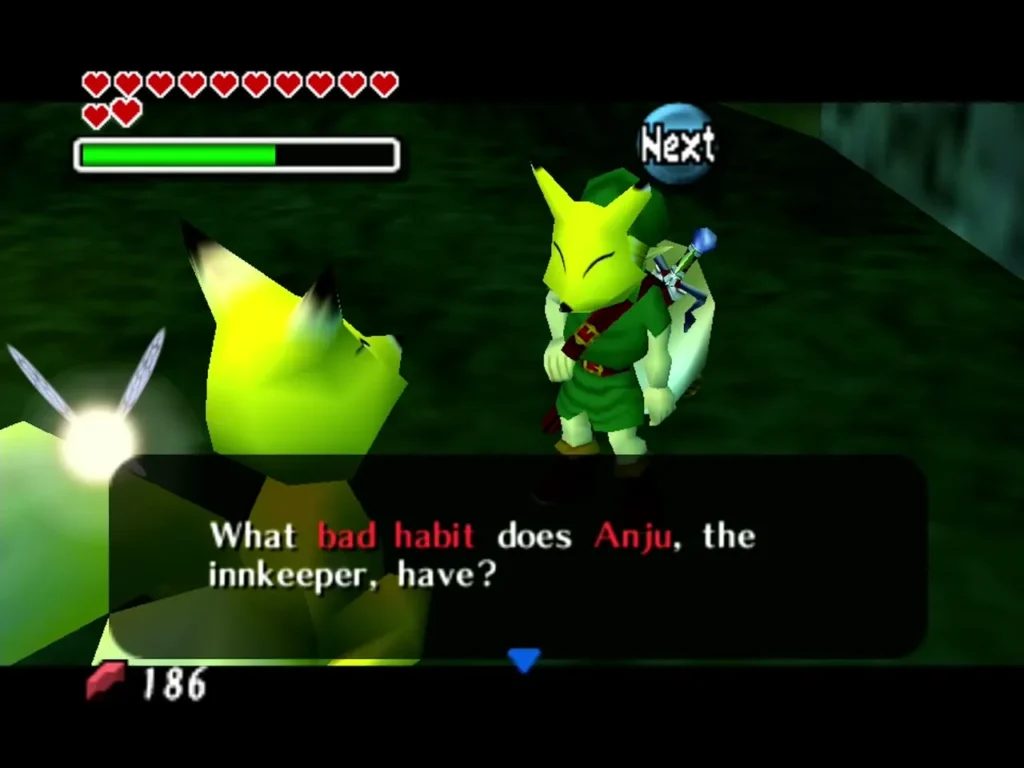 Keaton asking what bad habit Anju the innkeeper has