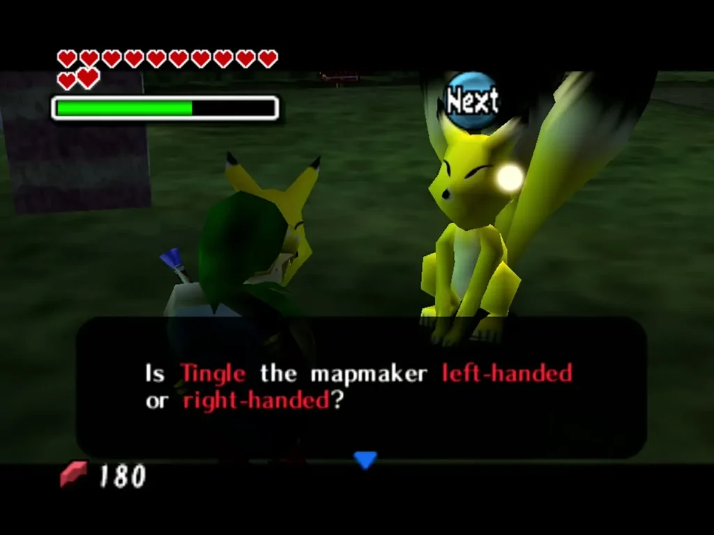 Keaton asking whether Tingle the mapmaker is left-handed or right-handed