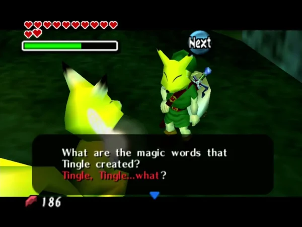 Keaton asking what magic words Tingle created, with Link in the Keaton Mask beside the fox