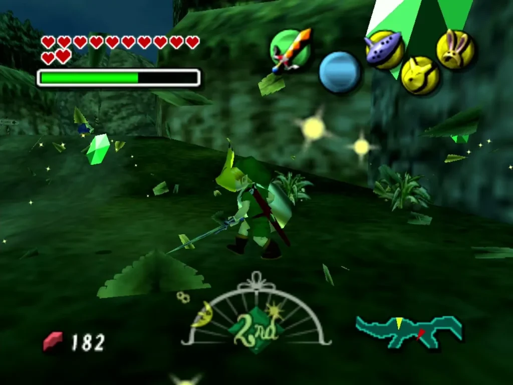 Link in the Keaton Mask slashing a clump of rustling grass beside the Milk Road cliff, leaves and a rupee flying