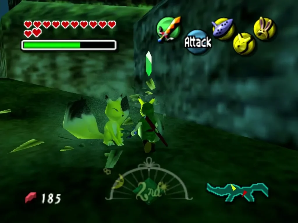 The Keaton fox appearing beside Link in the Keaton Mask as the last grass clump is cut