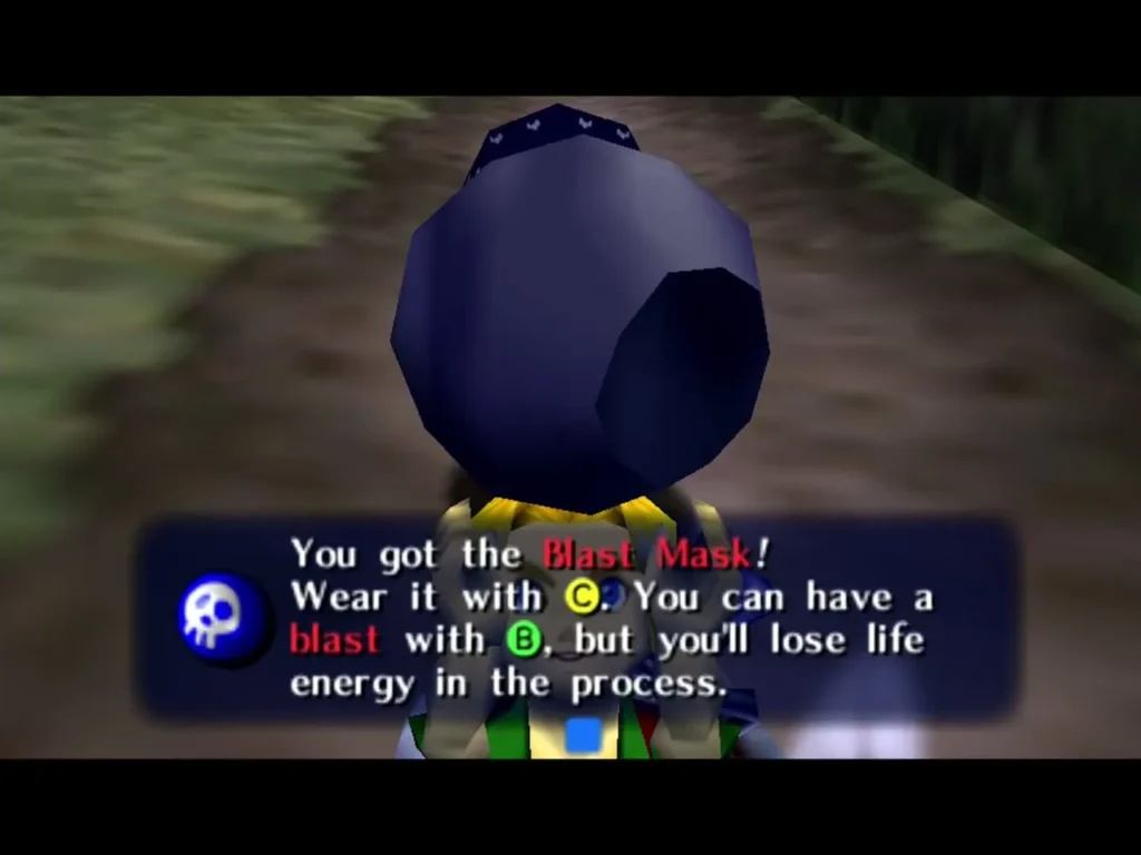 Link wearing the Blast Mask as the box reads You got the Blast Mask and how to blast with B