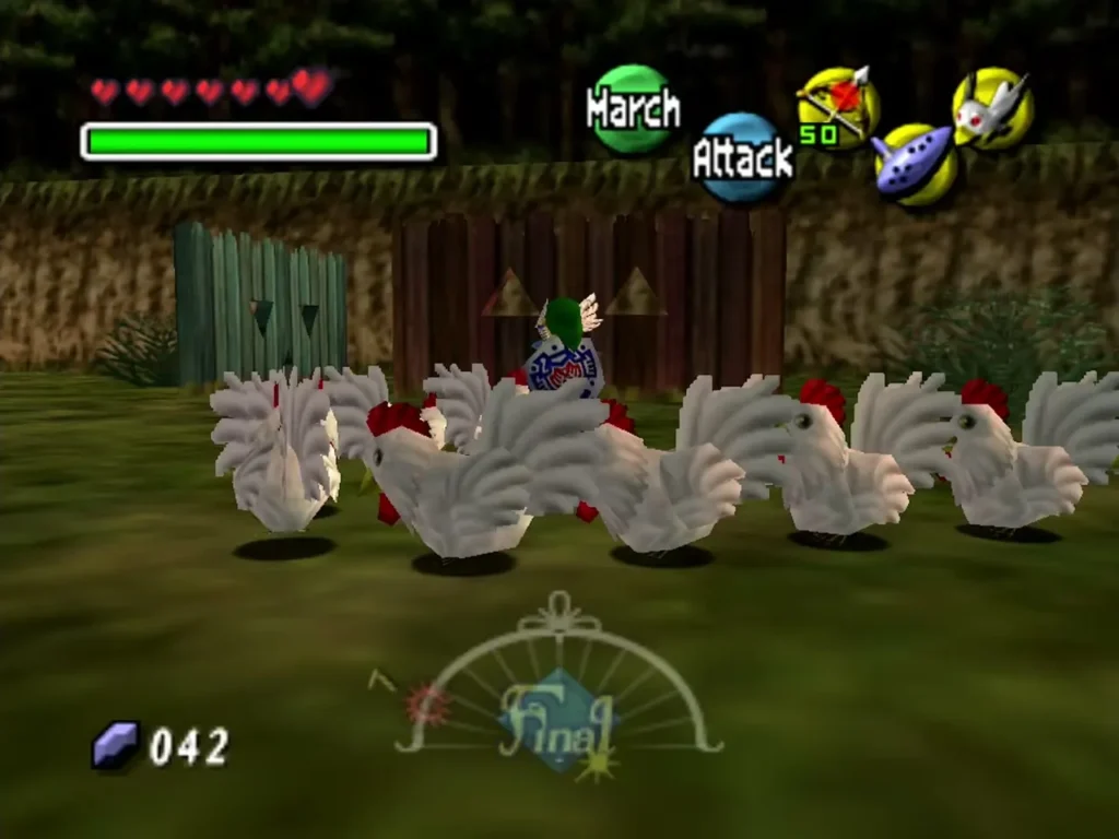 Link in a fenced yard with a flock of white cuccos around him and the March button on screen