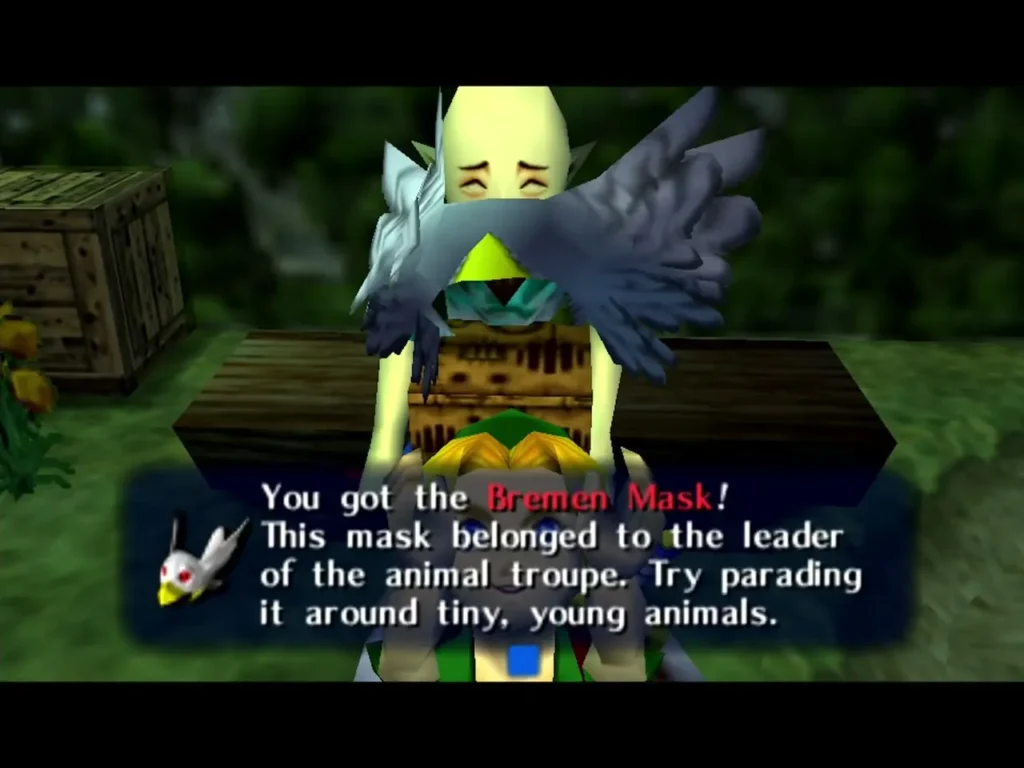 Link in the Bremen Mask with its bird wings spread, the box reading You got the Bremen Mask