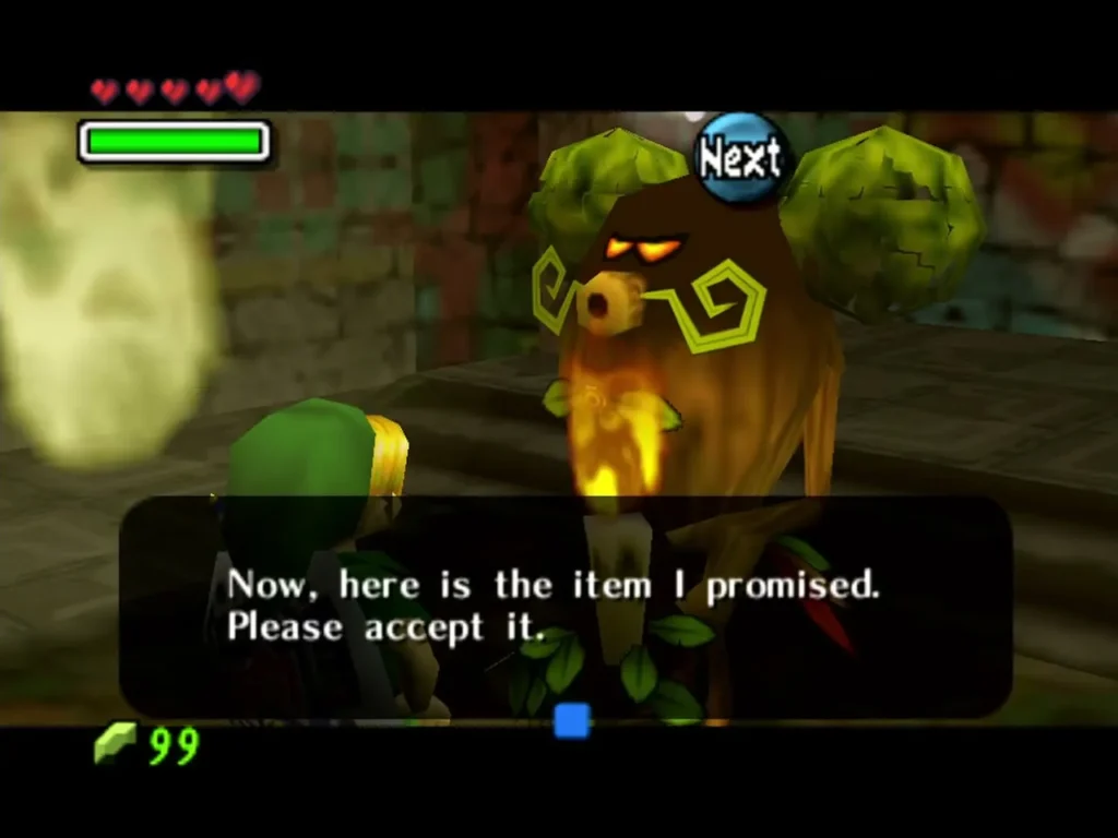 Deku Butler presenting an item to Link in the Deku Shrine