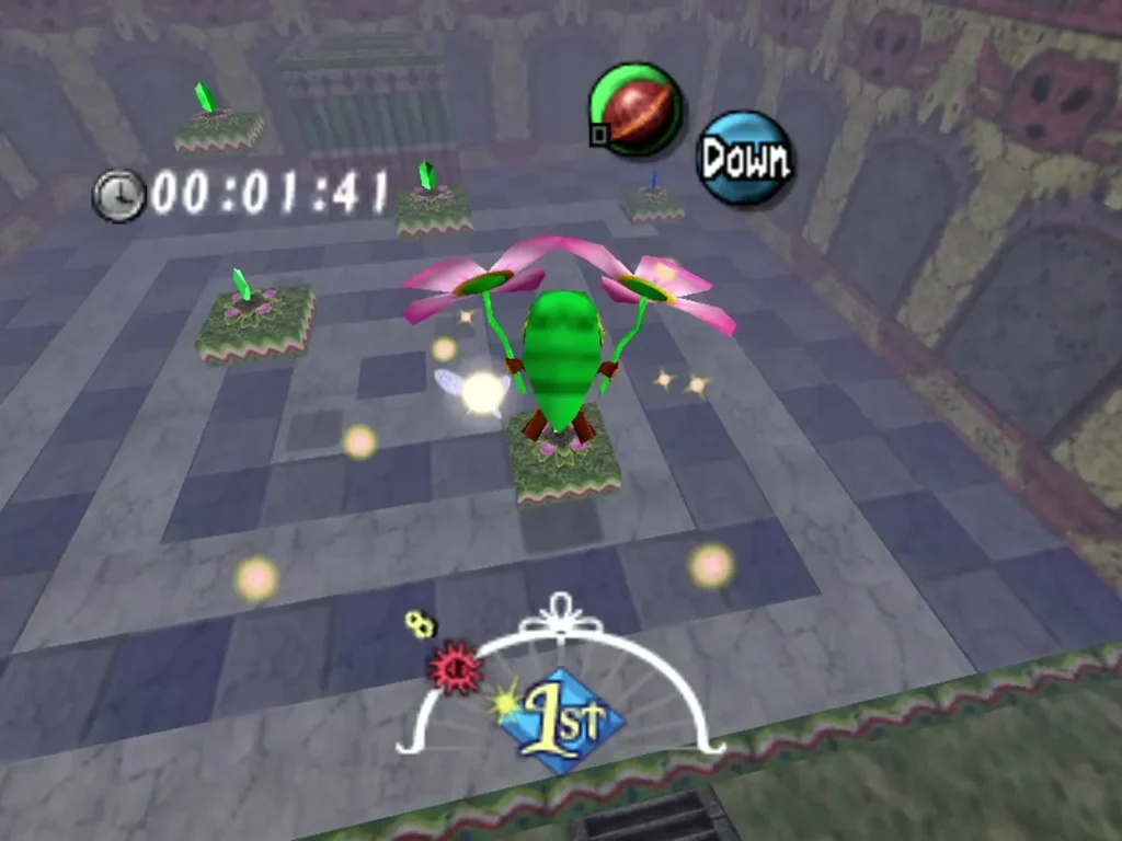 Deku Link flying over the Deku Scrub Playground course with a flower glider and the run timer at 1:41