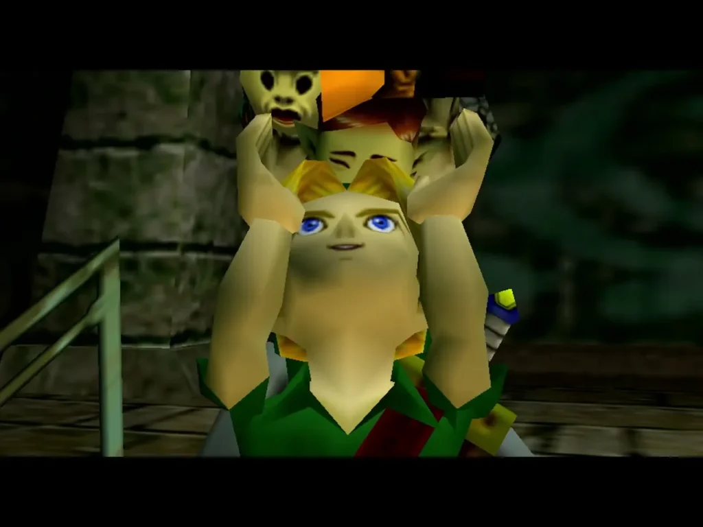 Link lifted up by masked figures during the Deku Mask ceremony