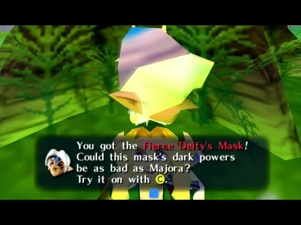 Link wears the Fierce Deity's Mask, the box reading Could this mask's dark powers be as bad as Majora?