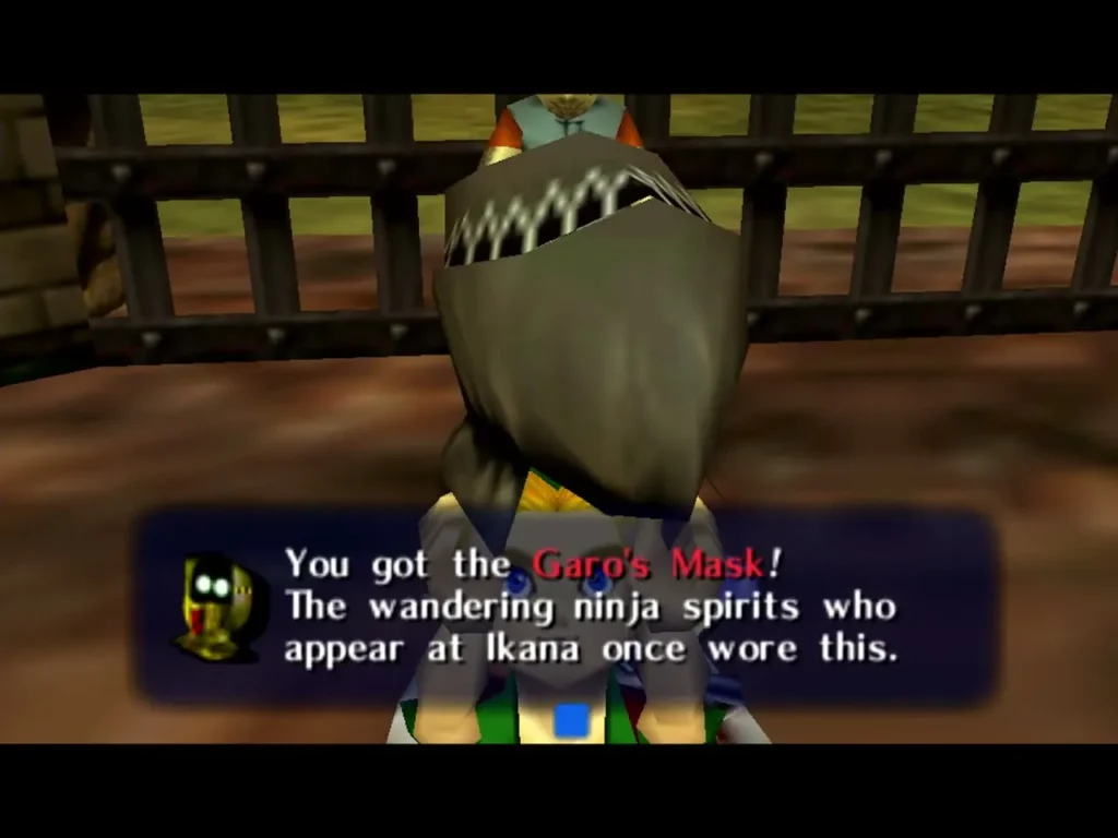 Link wears the Garo's Mask, the box reading that the wandering ninja spirits who appear at Ikana once wore this