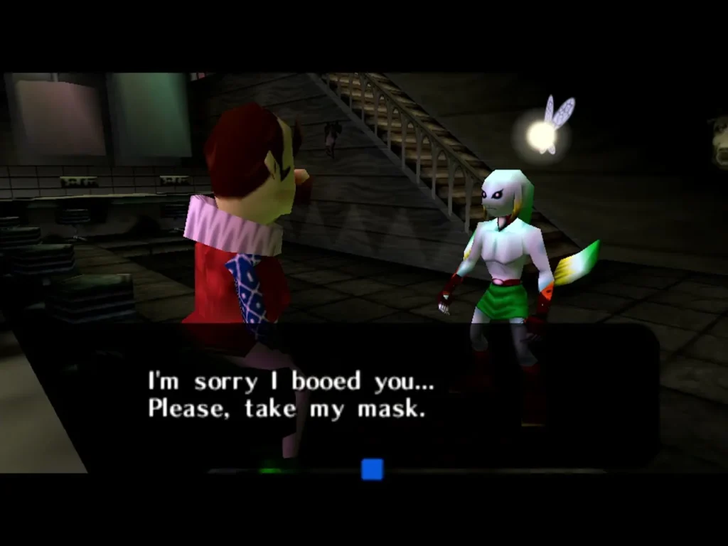 Gorman in the Latte Milk Bar says I'm sorry I booed you and asks Link to take his mask