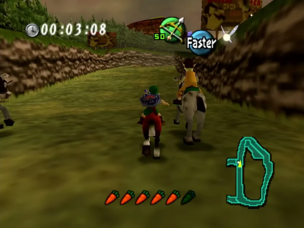 Link races the red horse along the Gorman Track and a rider beside him
