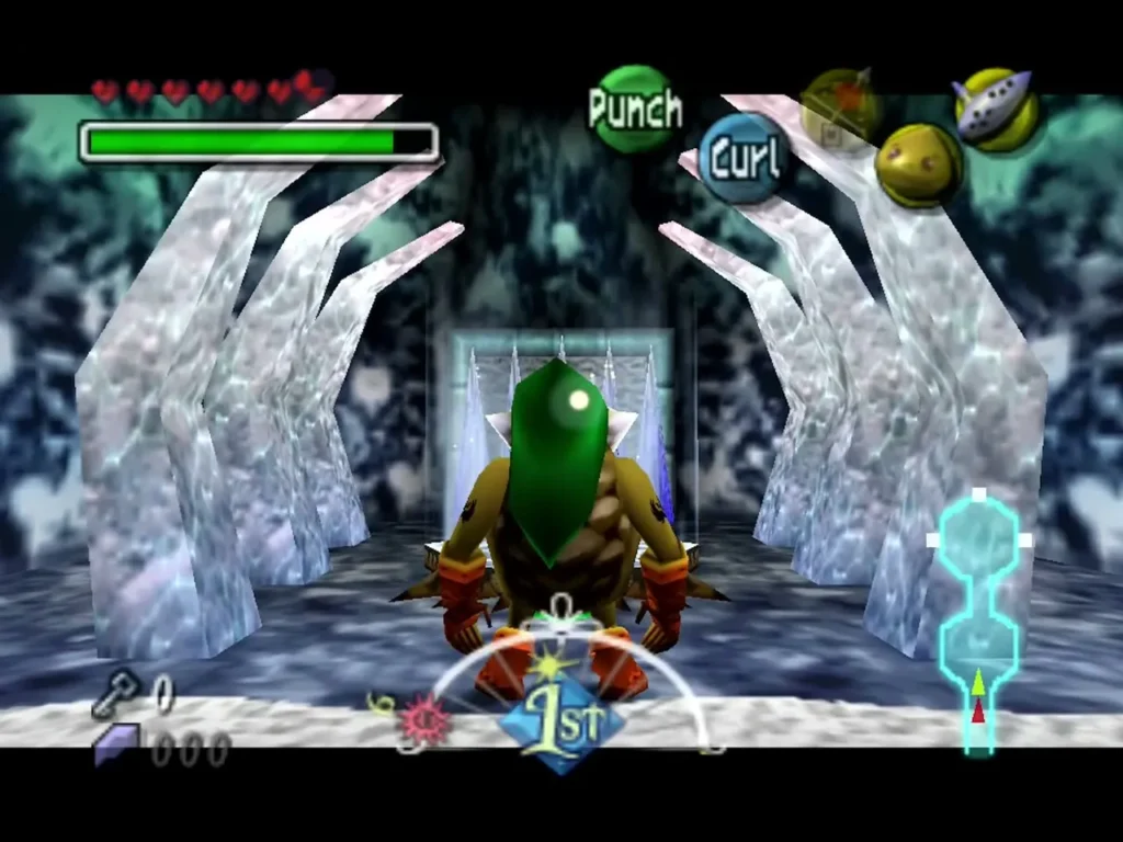 Goron Link standing before the Snowhead Temple door between tall ice pillars