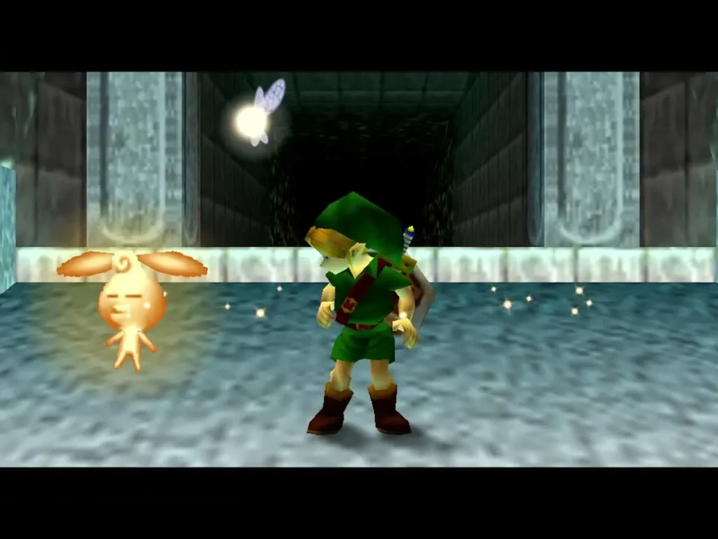 Link in the Great Fairy fountain with a glowing fairy beside him
