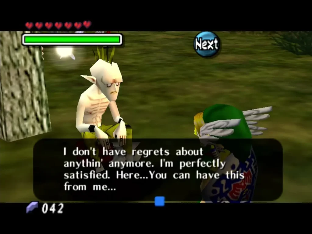 Grog at the Cucco Shack, the message box saying he has no regrets and offers Link something