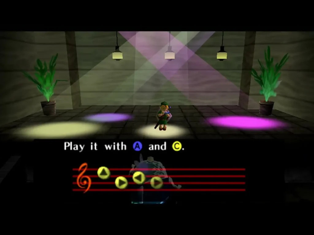 Hylian Link stands under the center spotlight on the Clock Town stage, playing the ocarina part of the sound check