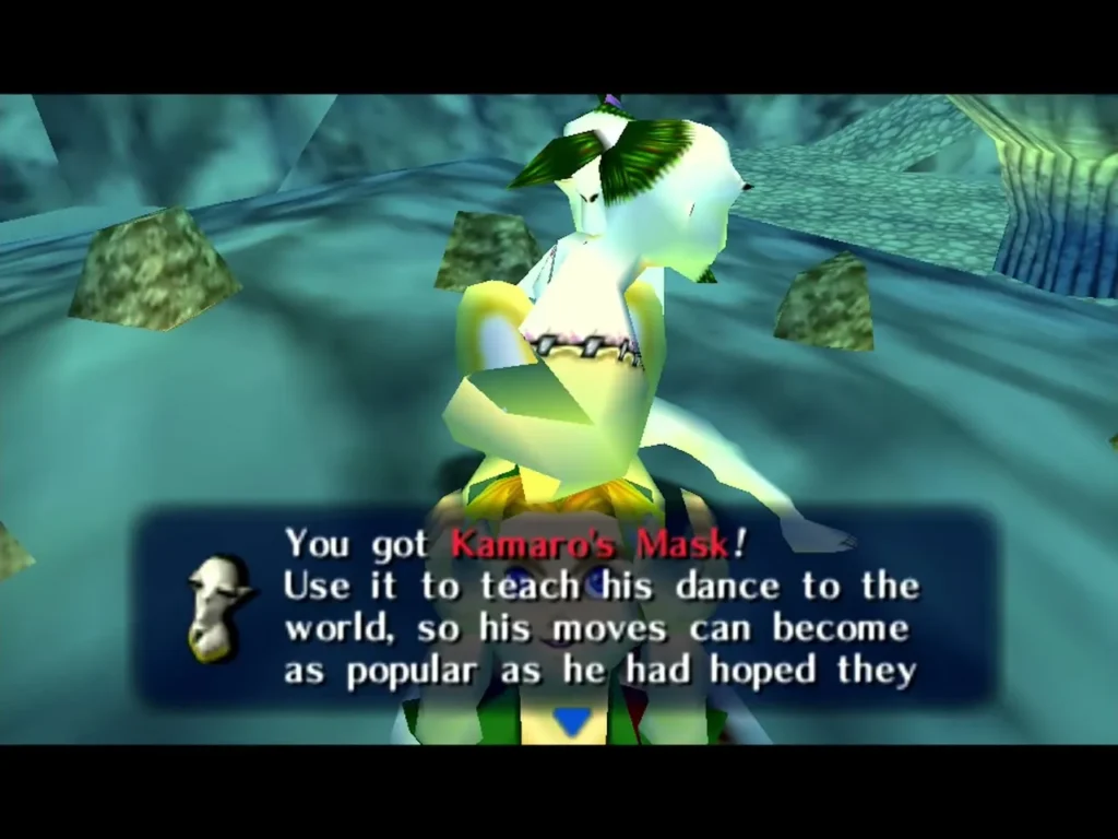 Kamaro's Mask message box shown over Link as he is given the mask