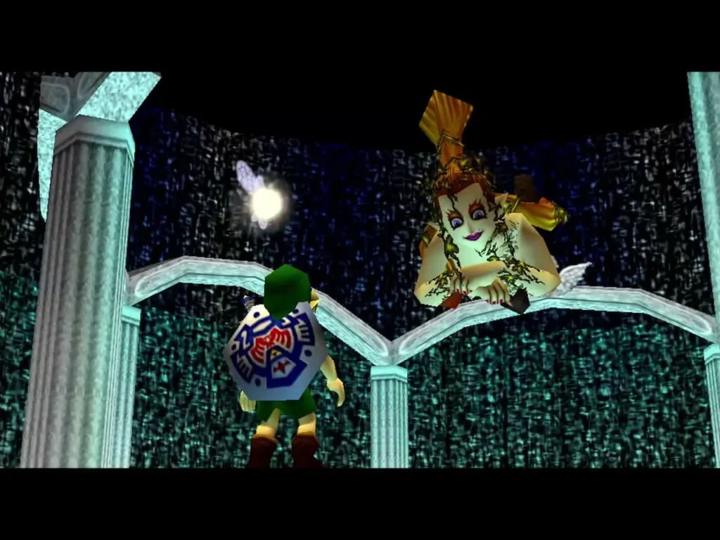 Link looking up at the Great Fairy perched on the fountain arch