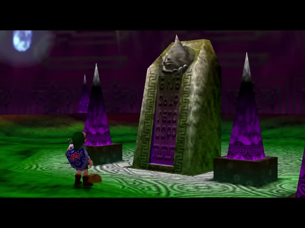 Link walking up to Darmani's grave in the Goron Graveyard