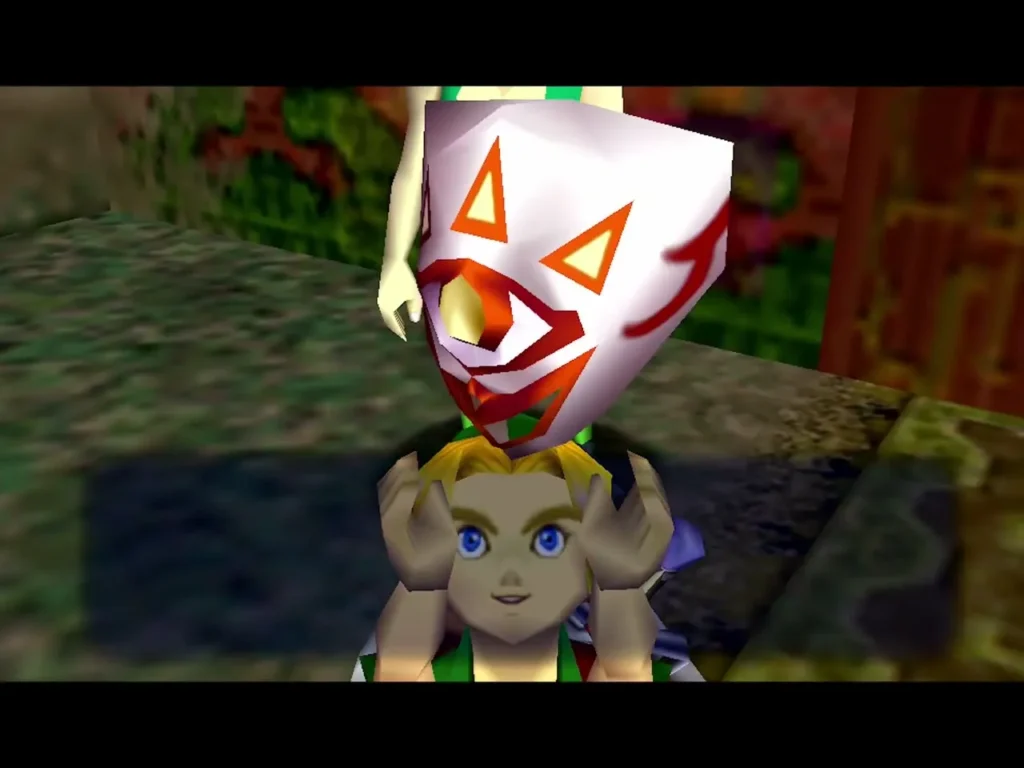 Link lifting the white Mask of Truth over his head, its red markings in view