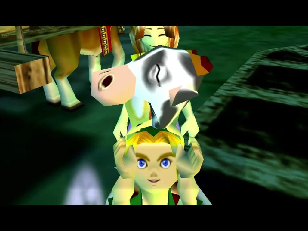 Link holding up Romani's Mask, a cow face, with Cremia behind him after the milk delivery