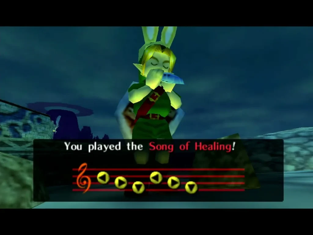 Link playing the Song of Healing on his ocarina at night