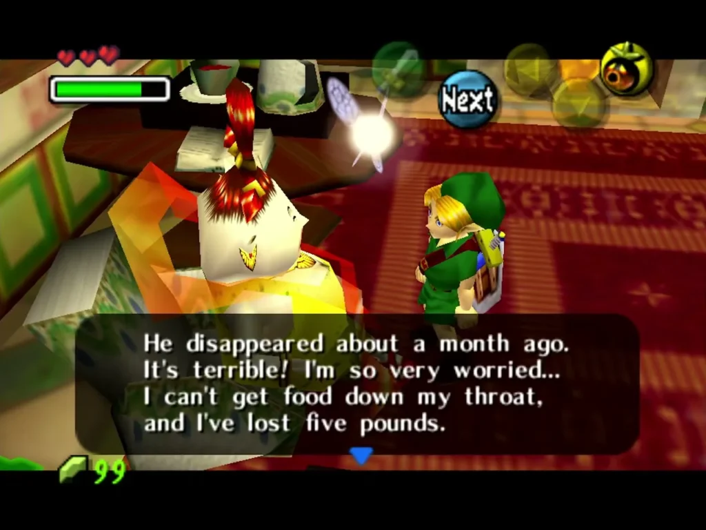 Madame Aroma telling Link about her missing son in her room